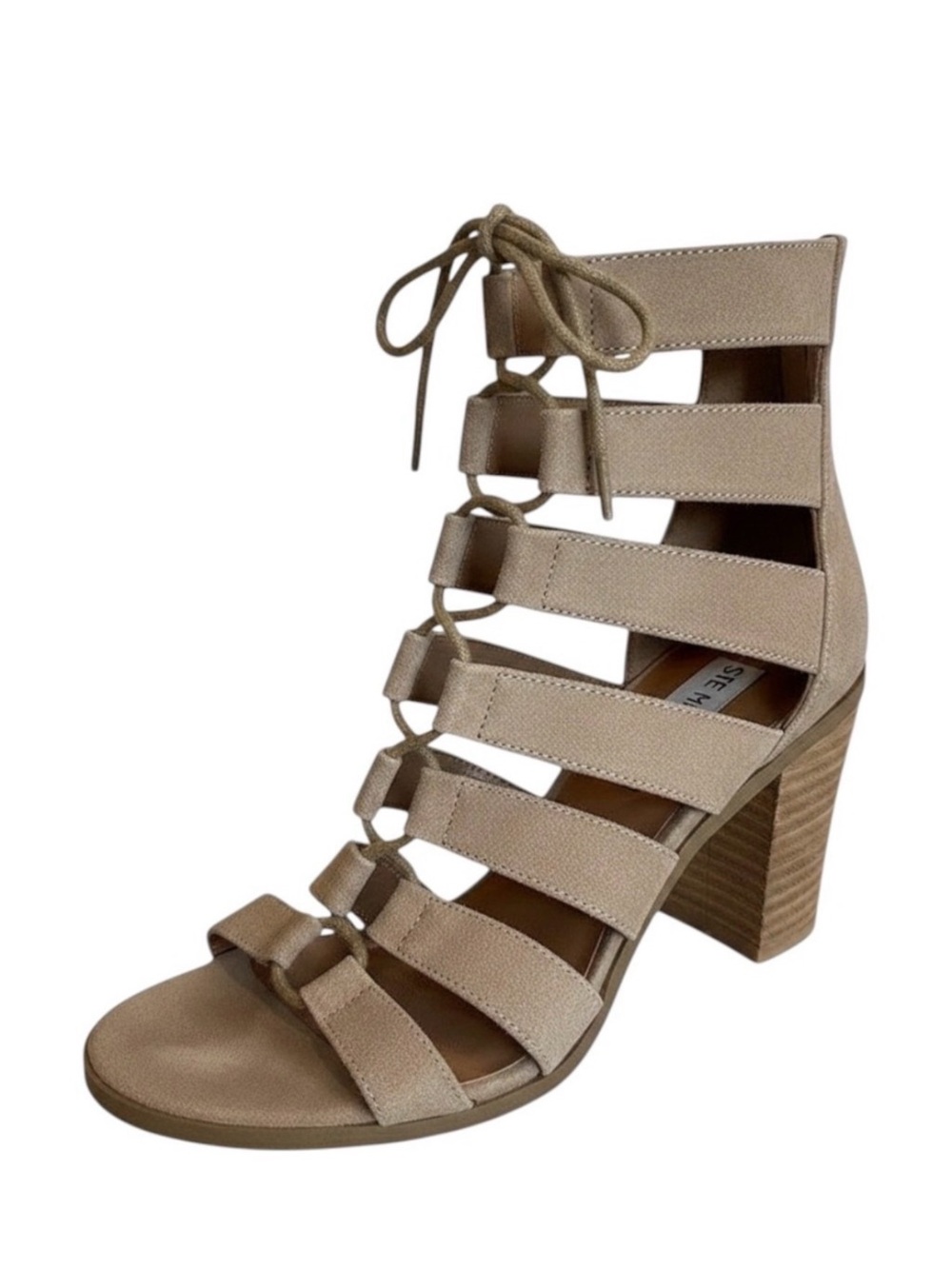 Steve Madden Womens 7.5M Dayyna Chunky Heels Sandals Tan‎ Caged Strappy Tie Zip